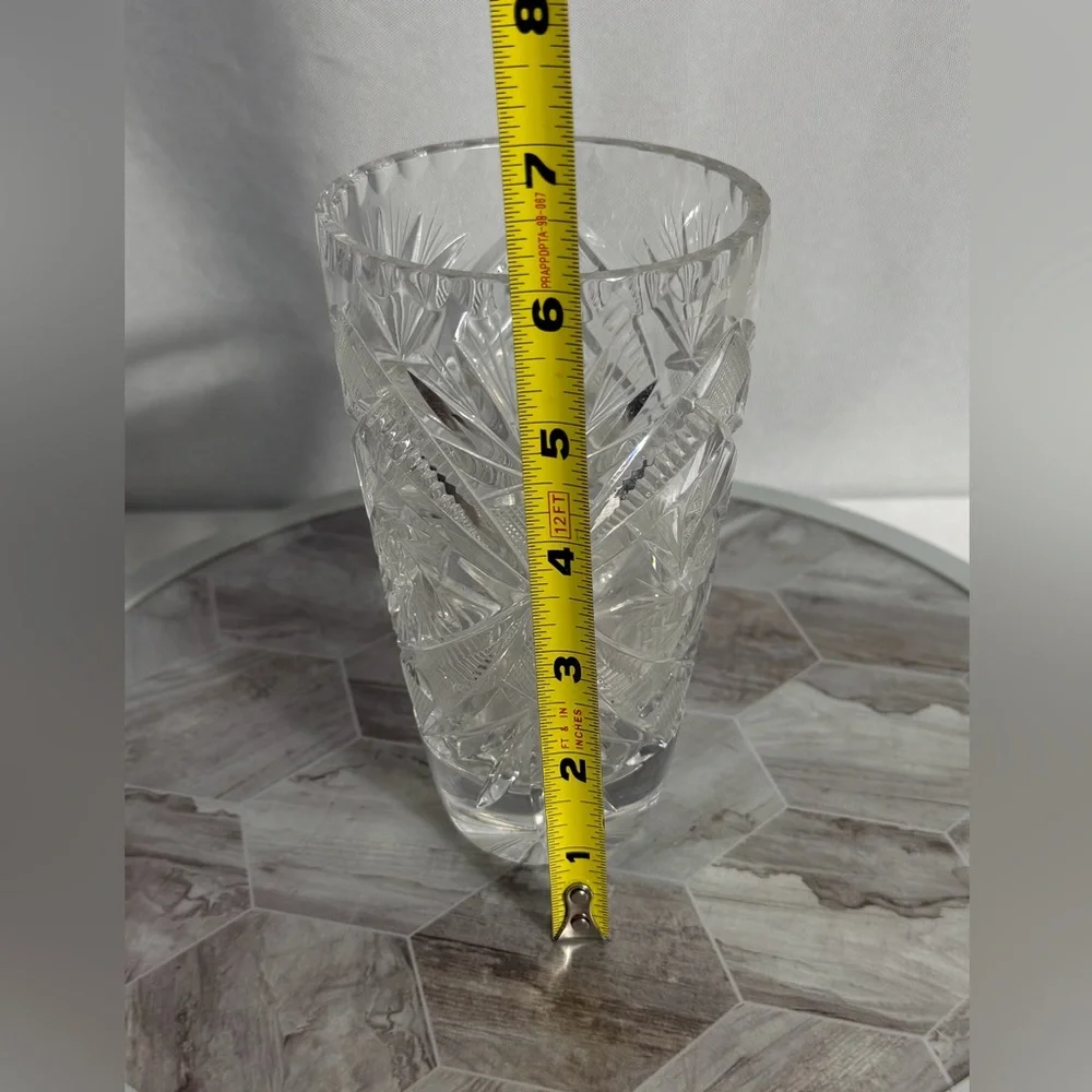 Vintage Cut Crystal Vase Heavy Clear Glass Starburst Geometric Pattern